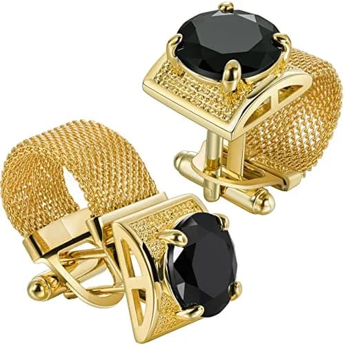 HAWSON Gold Color Black Crystal Flower Cufflinks with Chain | 1.7cm (0.67 Inch) Set of 2 thumbnail 1