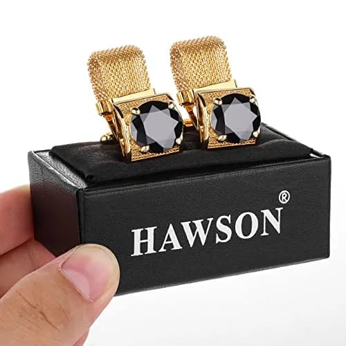 HAWSON Gold Color Black Crystal Flower Cufflinks with Chain | 1.7cm (0.67 Inch) Set of 2 thumbnail 6