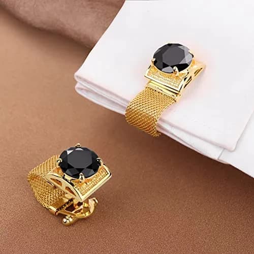 HAWSON Gold Color Black Crystal Flower Cufflinks with Chain | 1.7cm (0.67 Inch) Set of 2 thumbnail 2
