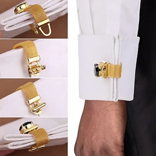 HAWSON Gold Color Black Crystal Flower Cufflinks with Chain | 1.7cm (0.67 Inch) Set of 2 thumbnail 3