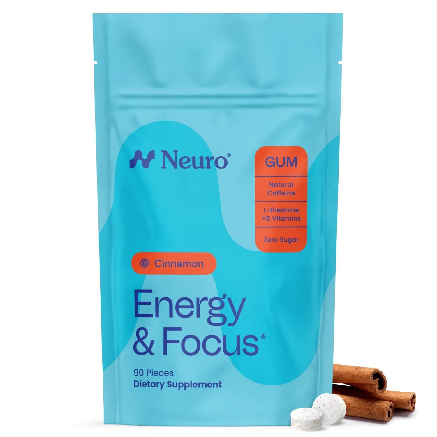 Neuro Energy & Focus Gum, Cinnamon, 90 Count | Sugar-Free Nootropic Supplement with L-Theanine & Natural Caffeine