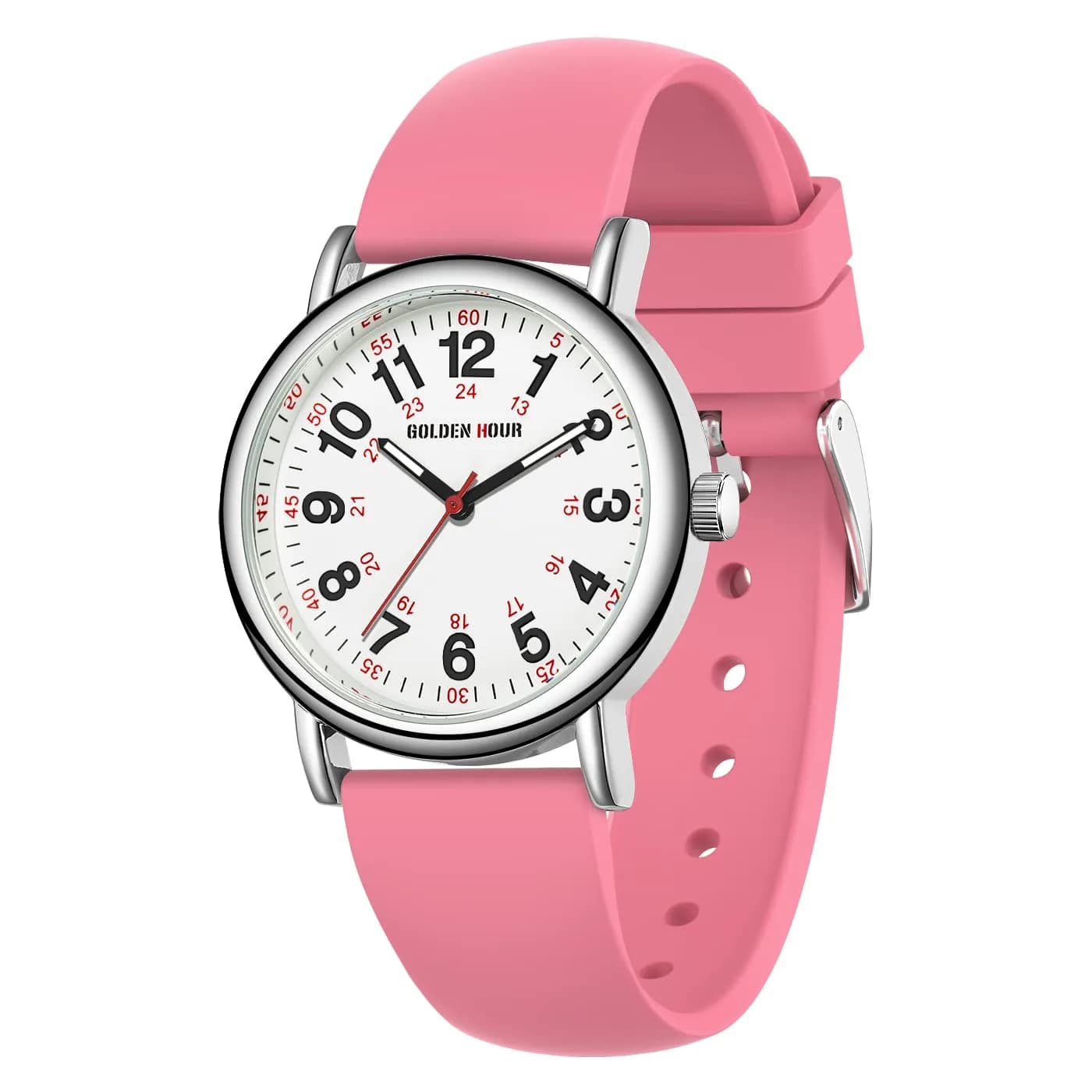 GOLDEN HOUR Waterproof Nurse Watch 38mm White Silicone Band | Easy Read 12/24 Hour Dial, Second Hand, Medical-Style — Pink