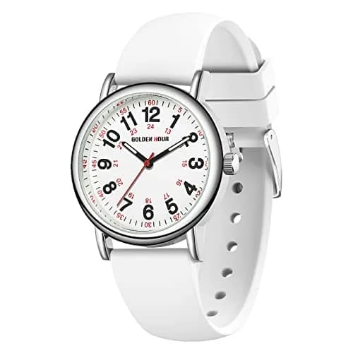 GOLDEN HOUR Waterproof Nurse Watch 38mm White Silicone Band | Easy Read 12/24 Hour Dial, Second Hand, Medical-Style thumbnail 1