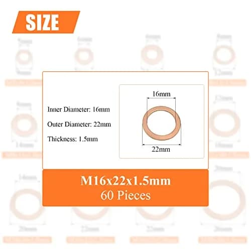 HELIFOUNER M16x22x1.5mm Copper Washers 60 Pieces | High Heat Resistance Sealing thumbnail 3