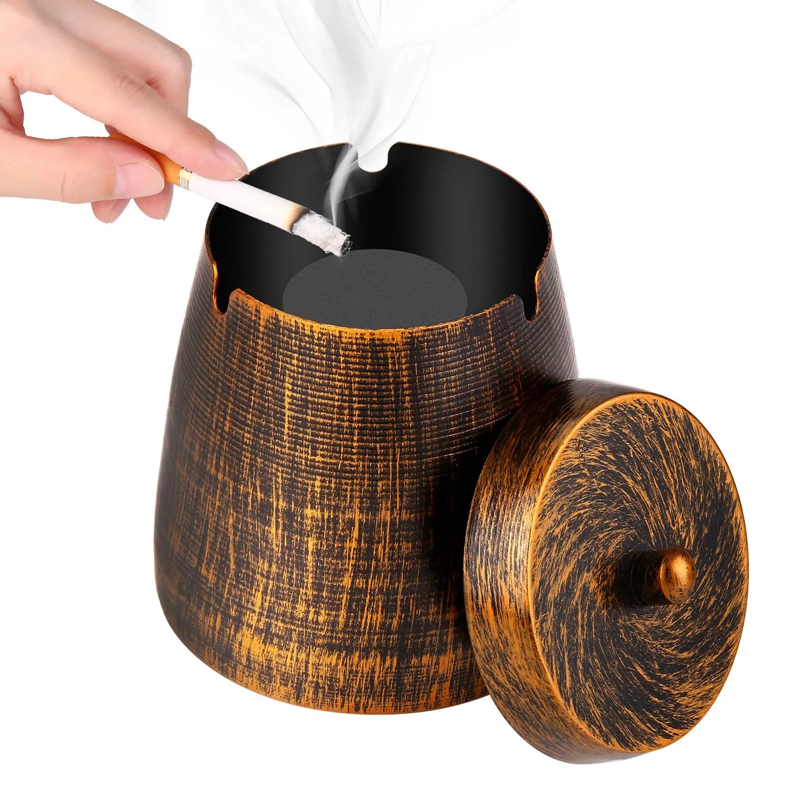 hargtar Outdoor Ashtray with Lid, Bronze Stainless Steel | Windproof & Odorless Tabletop Ashtray