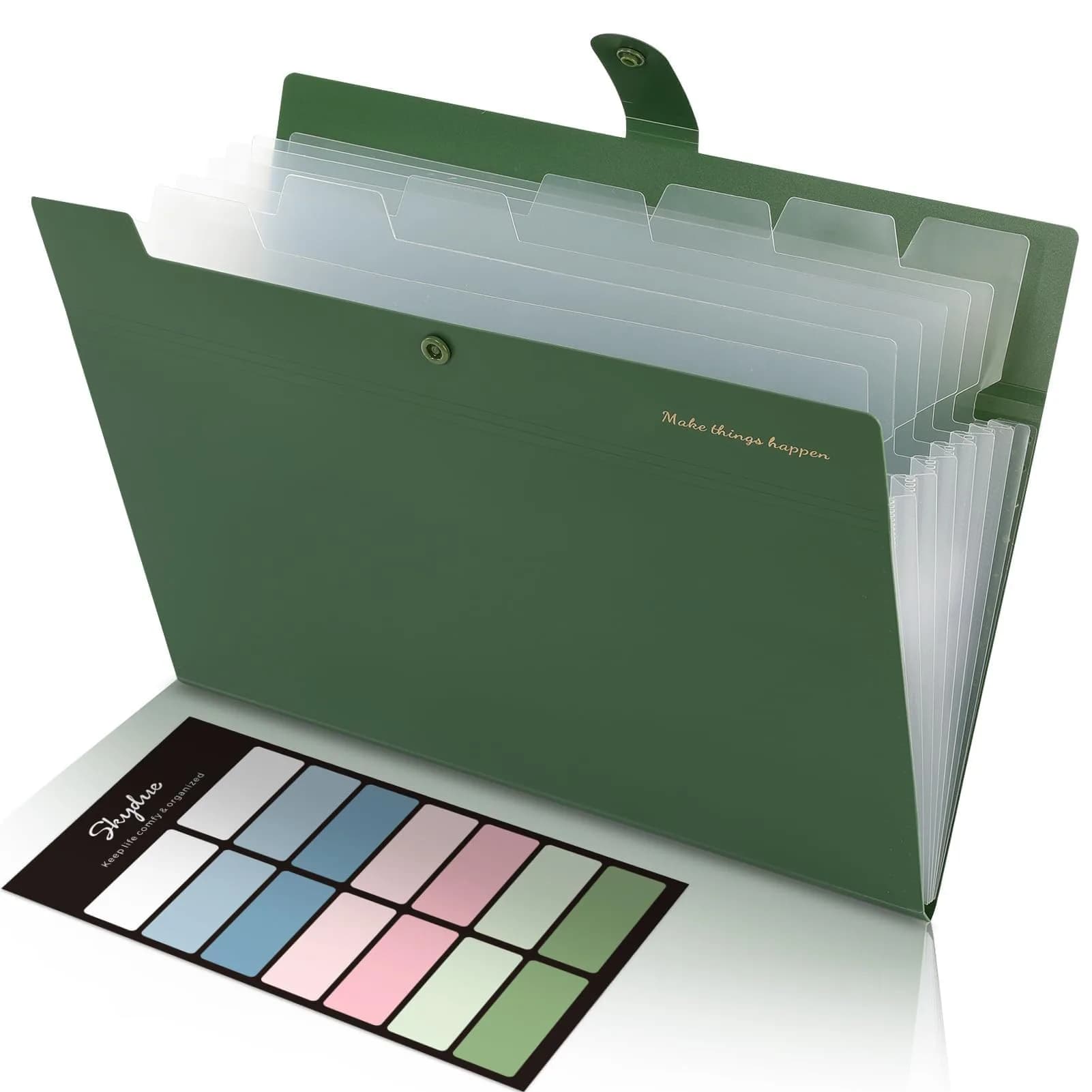 SKYDUE Expanding File Folder with 8 Pockets, Accordion Organizer, Letter Size, Olive Green | Durable Polypropylene for Home, School, Office