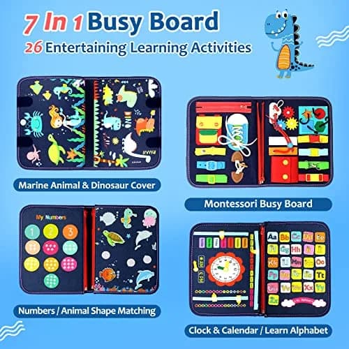 Qizfun Montessori Busy Board & Busy Book for Toddlers – Sensory & Learning Toy | 17.6 x 10 x 1 Inch thumbnail 3