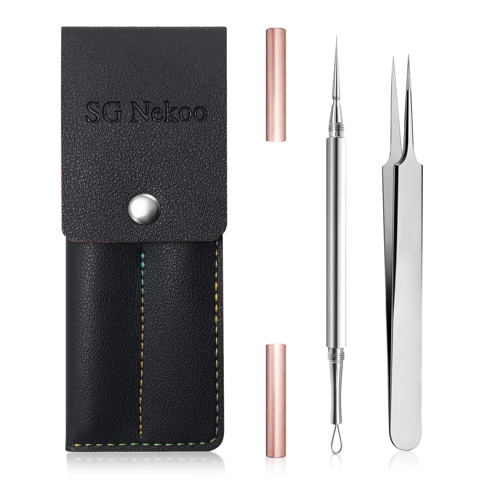 SG Nekoo Milia Remover Whitehead Extractor Tool Kit with Angled Loop & Acne Needle - Titanium Pink (3-Piece Set)