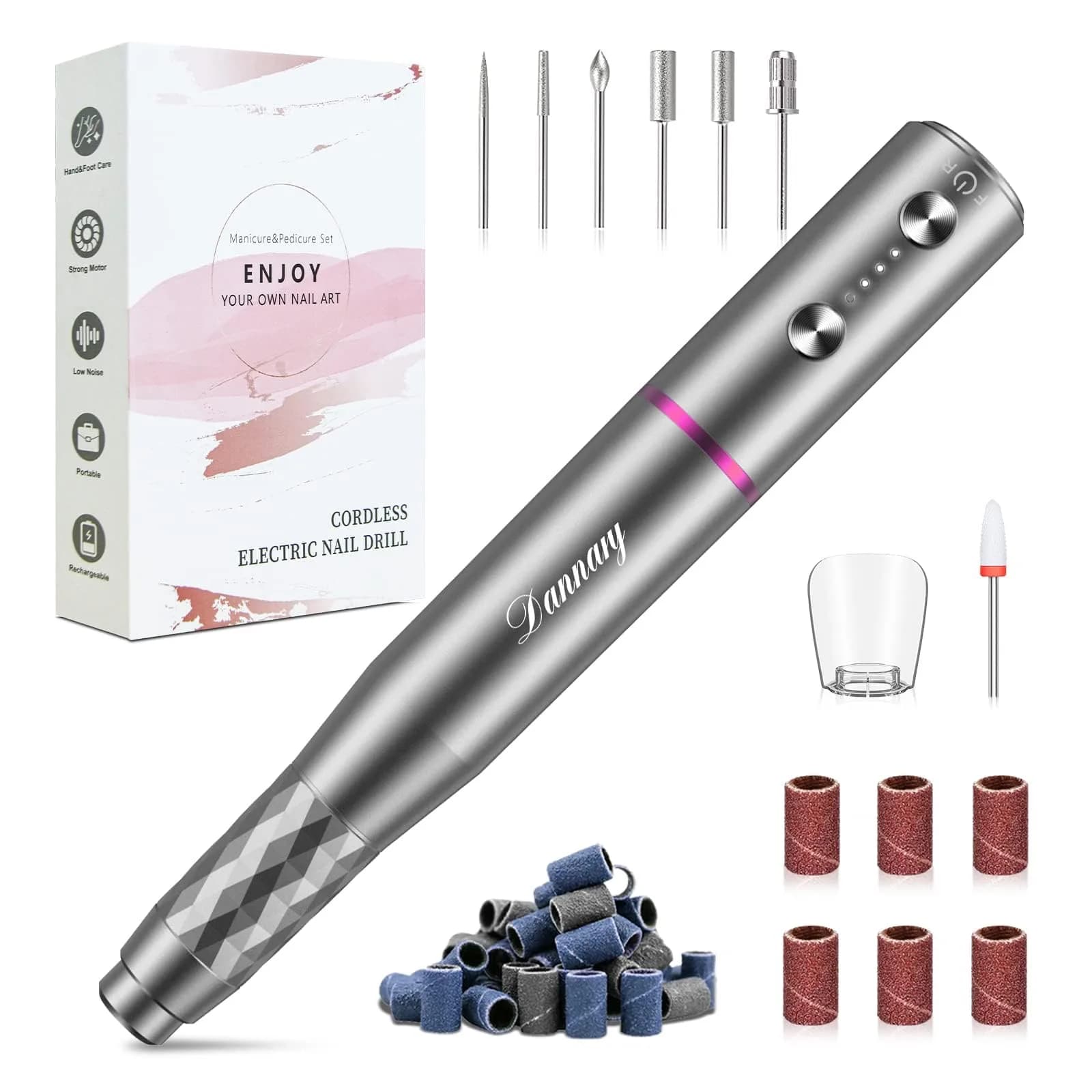 DANNARY Electric Nail Drill Machine Grey 30g (1.06oz) | Rechargeable Efile for Acrylic & Gel Nails