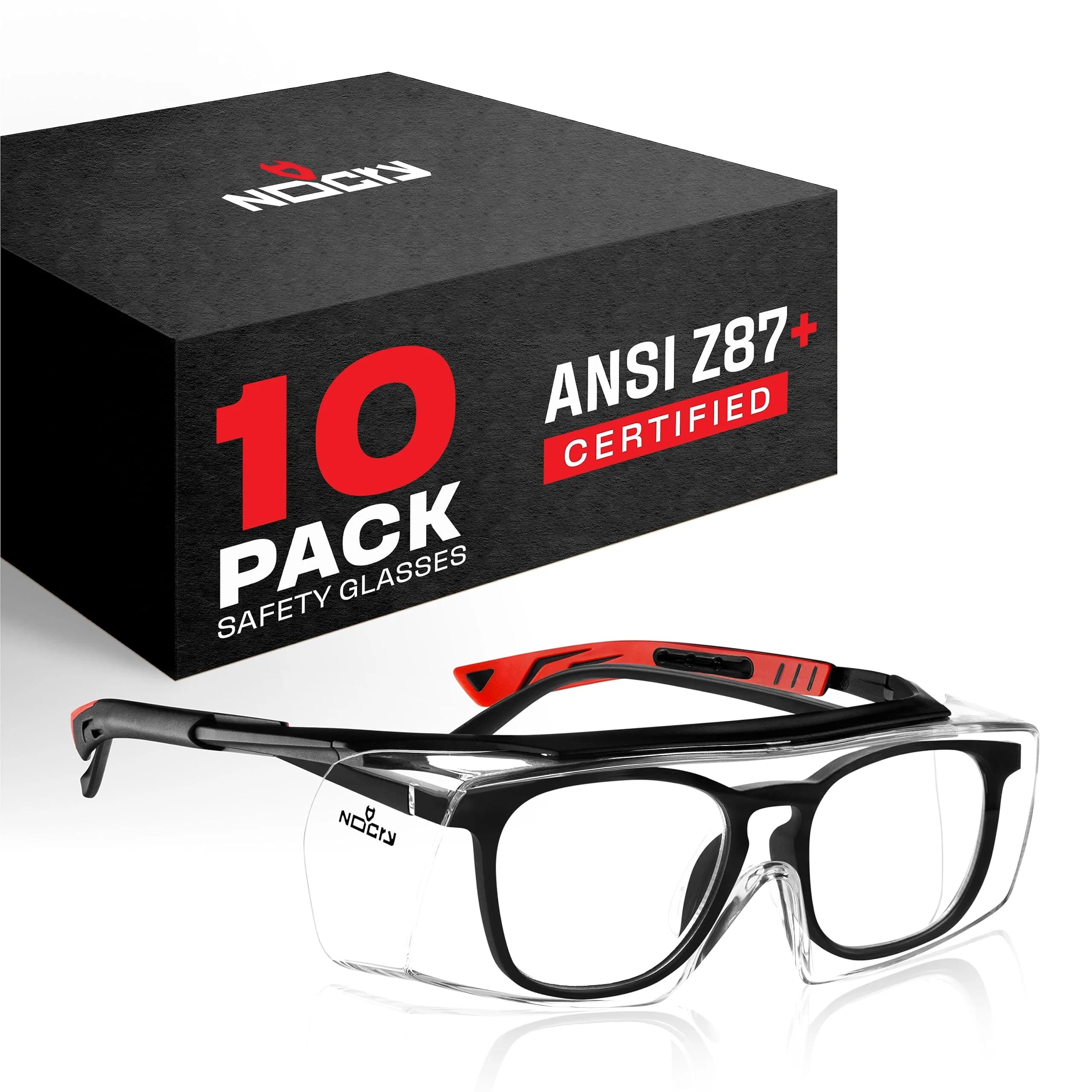 NoCry Safety Glasses Over Eyeglasses with UV Protection & Side Shields | ANSI Z87 Certified (110c) — Black & Red