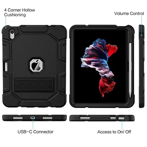 AZZSY Black Rugged Protective Case for iPad 11th/10th Gen 11/10.9 Inch | Built-in Pencil Holder & Kickstand thumbnail 6