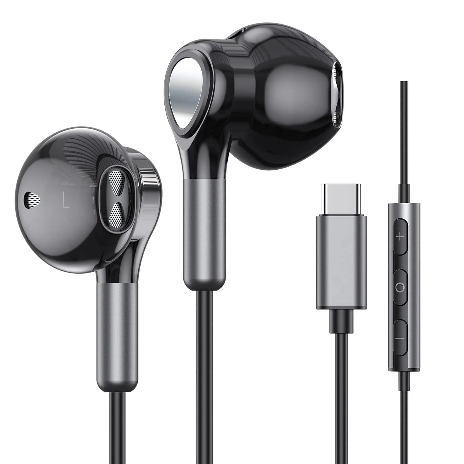 BENEWY Wired USB C Headphones with Mic & Volume Control, 1.3m Tangle-Free Cable | HiFi Stereo Sound — Black