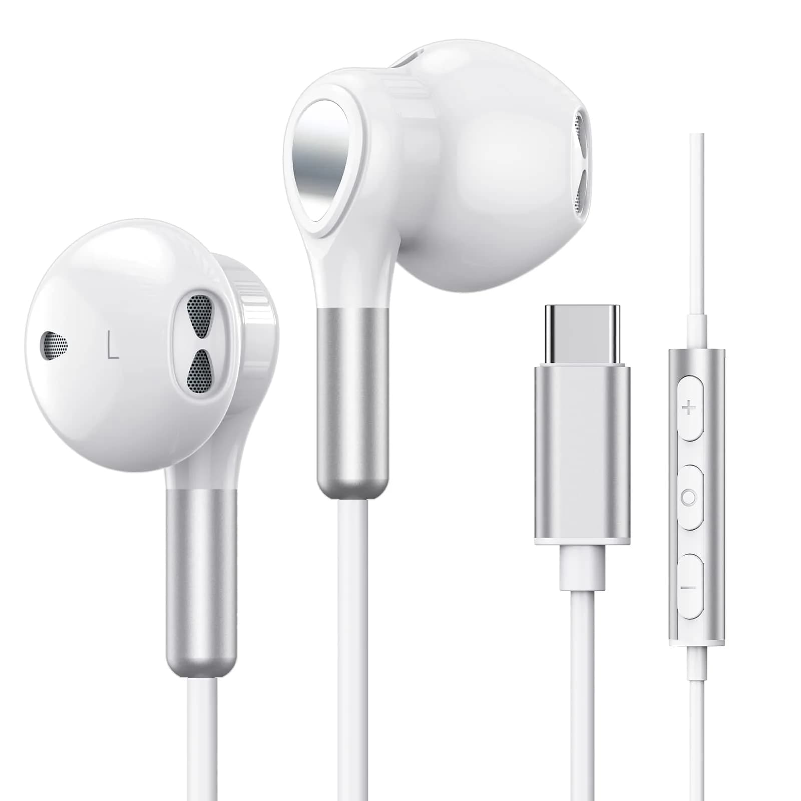 BENEWY Wired USB C Headphones with Mic & Volume Control, 1.3m Tangle-Free Cable | HiFi Stereo Sound — White