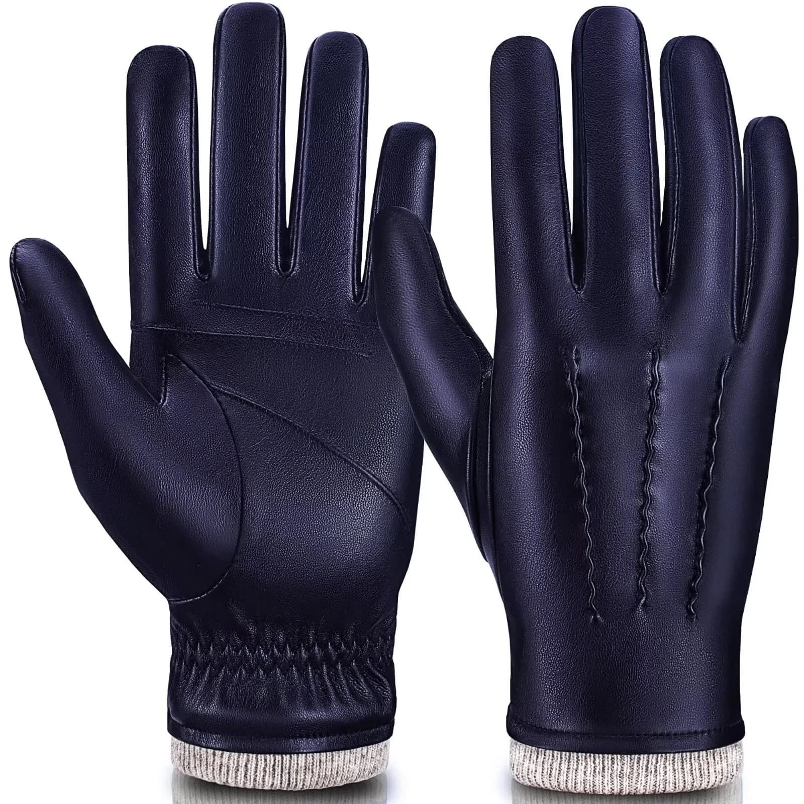 MAGILINK Men's Leather Gloves Touchscreen Texting, Winter Gloves with Warm Thermal Wool Fleece Lined, Driving Gloves for Men (Navy, Small) | Anti-slip Grip & 360° Touchscreen - main product image
