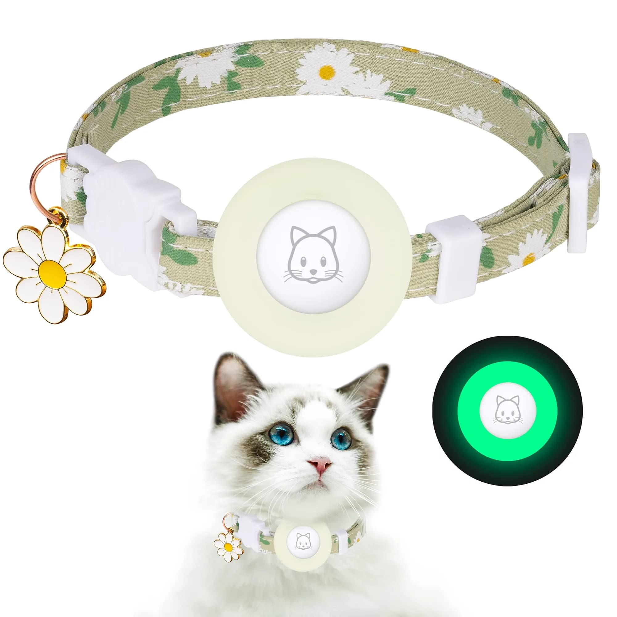 JXFUKAL Breakaway Cat Collar with AirTag Holder, Bells & Flower Charm, Luminous Green, 18-30 cm (7.1-11.8 in)