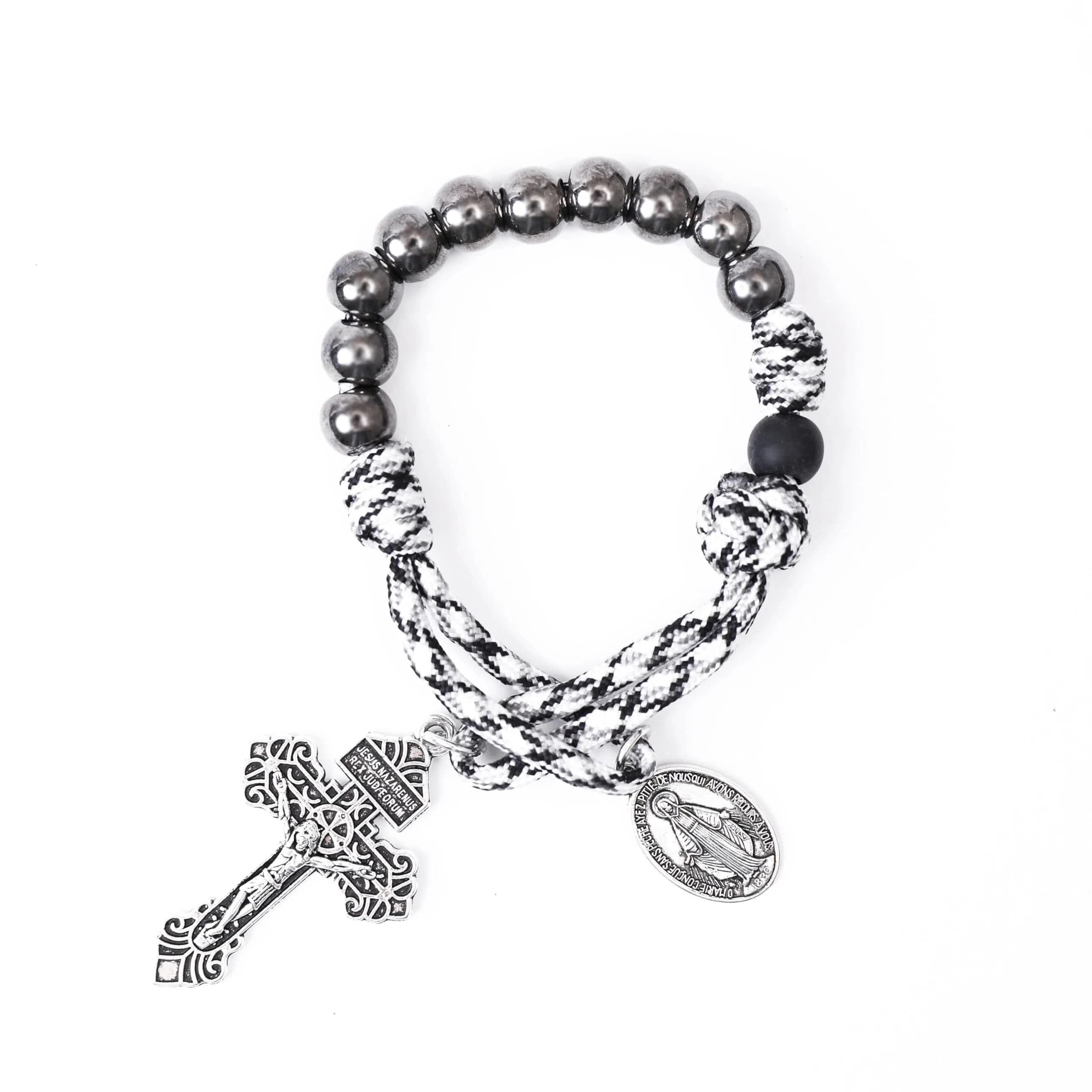 Nazareth Store Black & White Paracord Rosary 28.5cm (11.22") with Miraculous Medal & Jesus Crucifix | Durable Pocket Rosary for Travelers