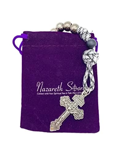 Nazareth Store Black & White Paracord Rosary 28.5cm (11.22") with Miraculous Medal & Jesus Crucifix | Durable Pocket Rosary for Travelers thumbnail 7