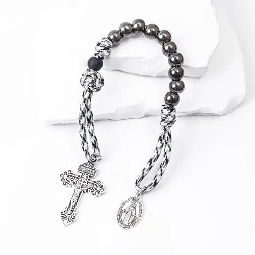 Nazareth Store Black & White Paracord Rosary 28.5cm (11.22") with Miraculous Medal & Jesus Crucifix | Durable Pocket Rosary for Travelers thumbnail 2
