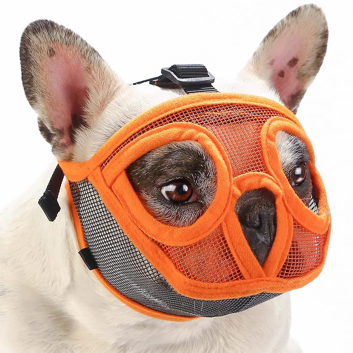 BARKLESS Short Snout Muzzle for French Bulldog, Shih Tzu, Soft Mesh Muzzle - Small (Head 15-17.5in / 38-45cm) — Orange