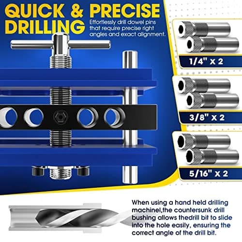 blekoo Self Centering Doweling Jig Kit with 6 Drill Guide Bushings, Blue | Precision Woodworking Tool for Straight Holes thumbnail 5