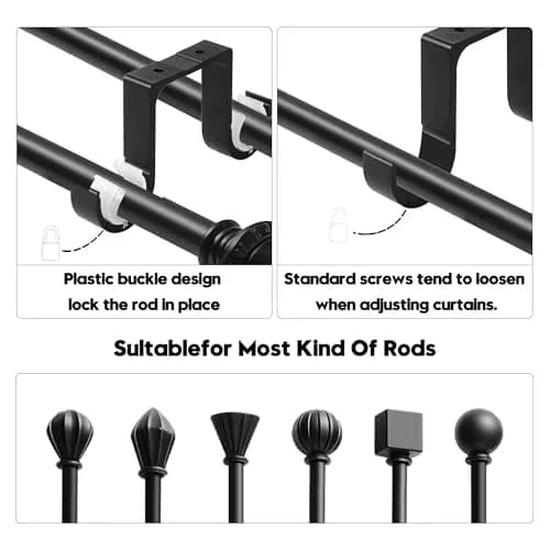 AddGrace Heavy Duty Double Ceiling Curtain Rod Holders 4 Pack Black | Mounts Curtains Securely thumbnail 3