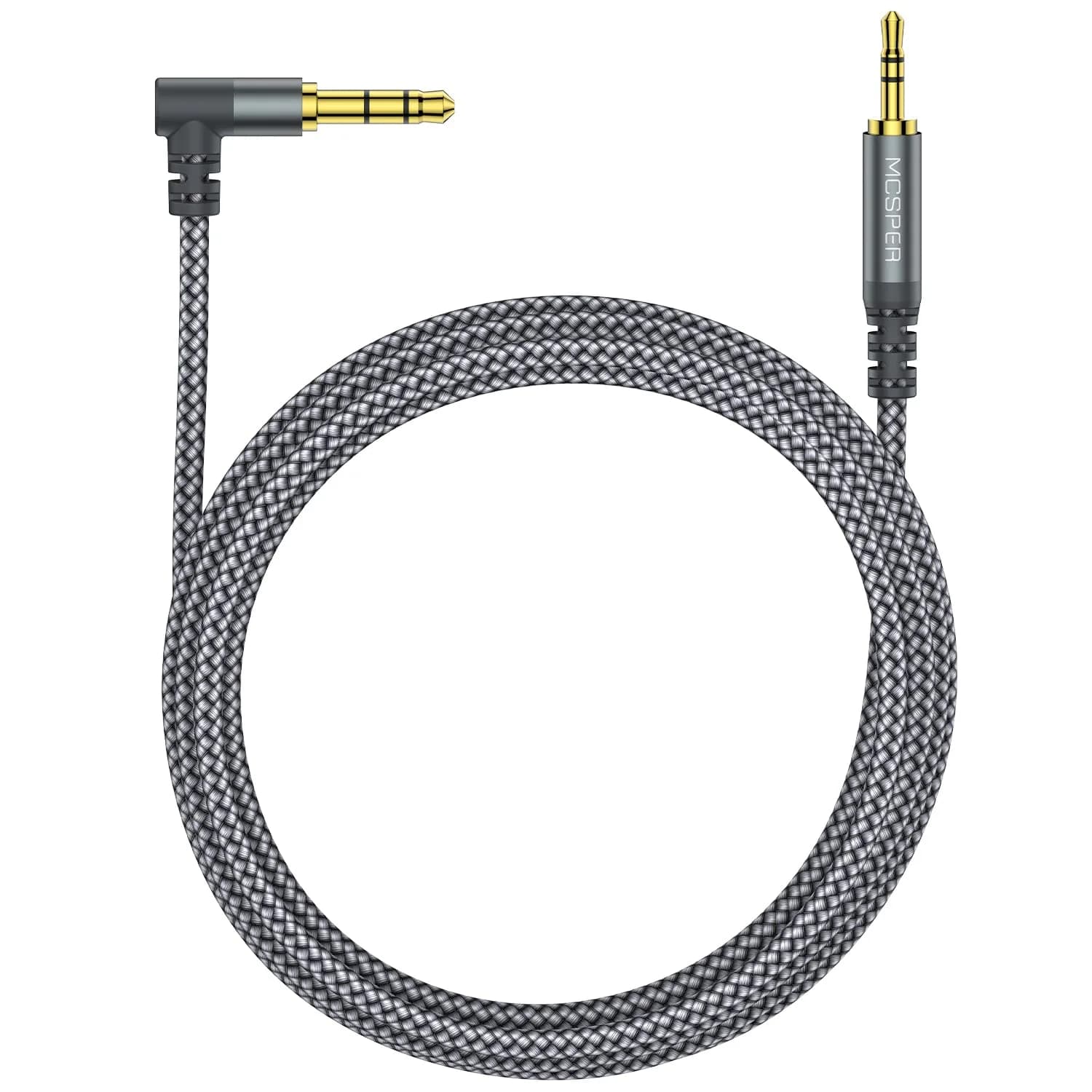 MCSPER 3.5mm to 2.5mm Aux Audio Cable 6.6FT | 90° Right Angle, Gold-Plated, Nylon Braided (6.6 feet, Grey) - main product image