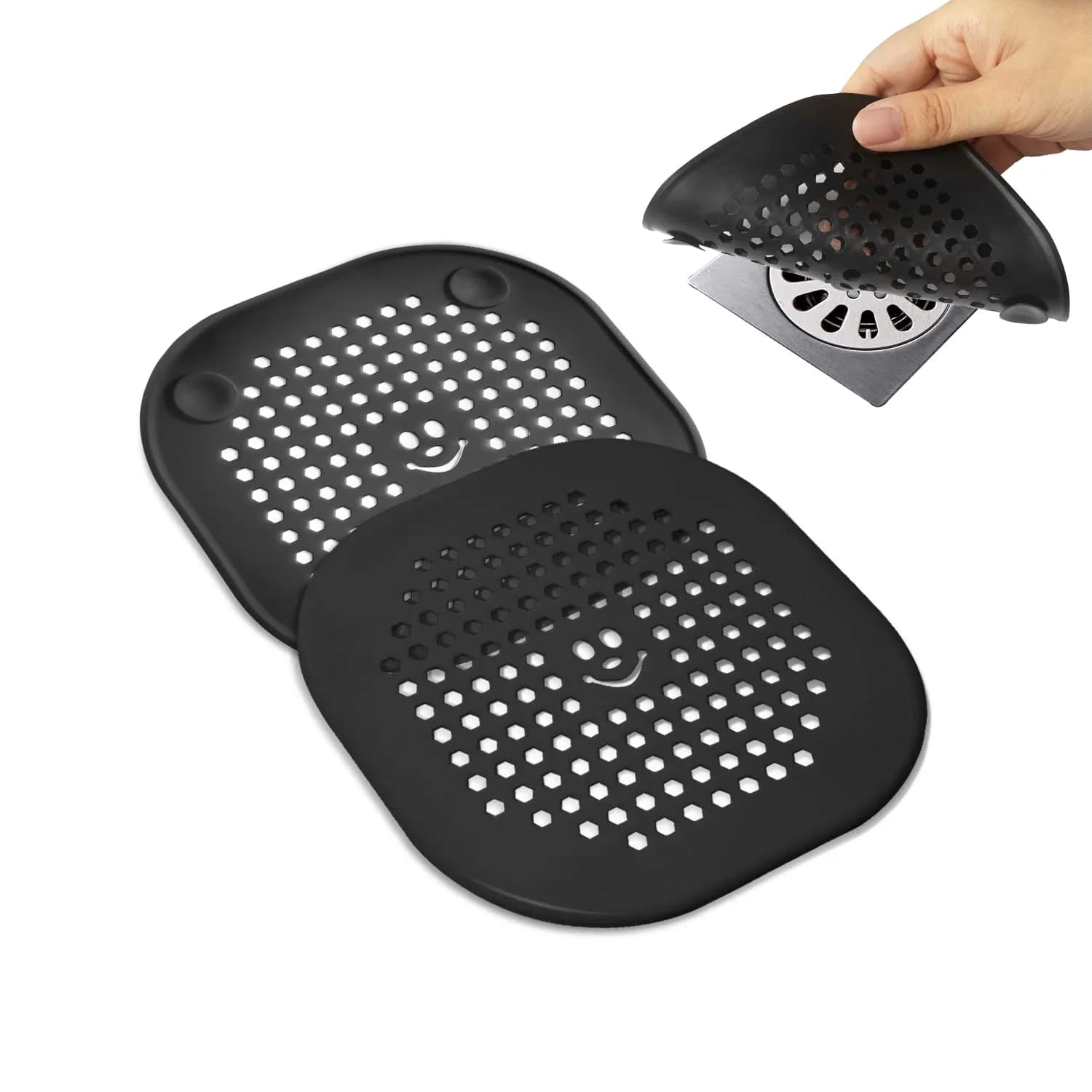 Couidl Grey Silicone Drain Hair Catcher 2 Pack (14 cm x 14 cm x 1 mm) | Prevents Clogged Drains — Black