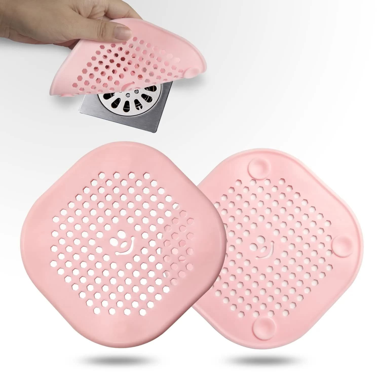 Couidl Grey Silicone Drain Hair Catcher 2 Pack (14 cm x 14 cm x 1 mm) | Prevents Clogged Drains — Pink