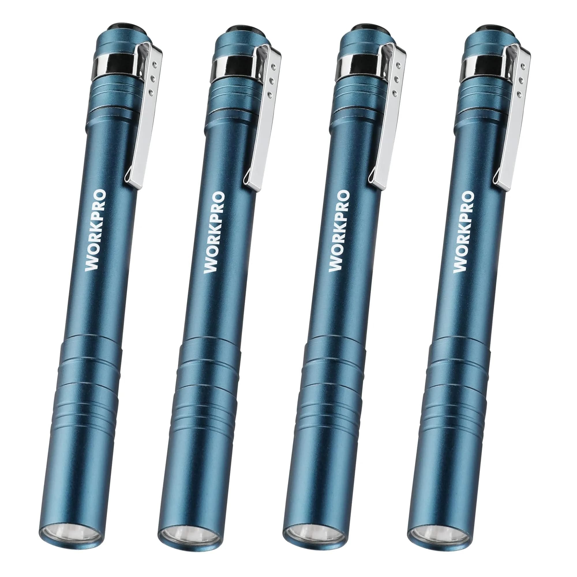 WORKPRO LED Pen Light, Aluminum Pen Flashlight with Clip, 4-Pack (30g/1.05 oz each) | Bright Inspection Light for Mechanics & Outdoor Use — Blue