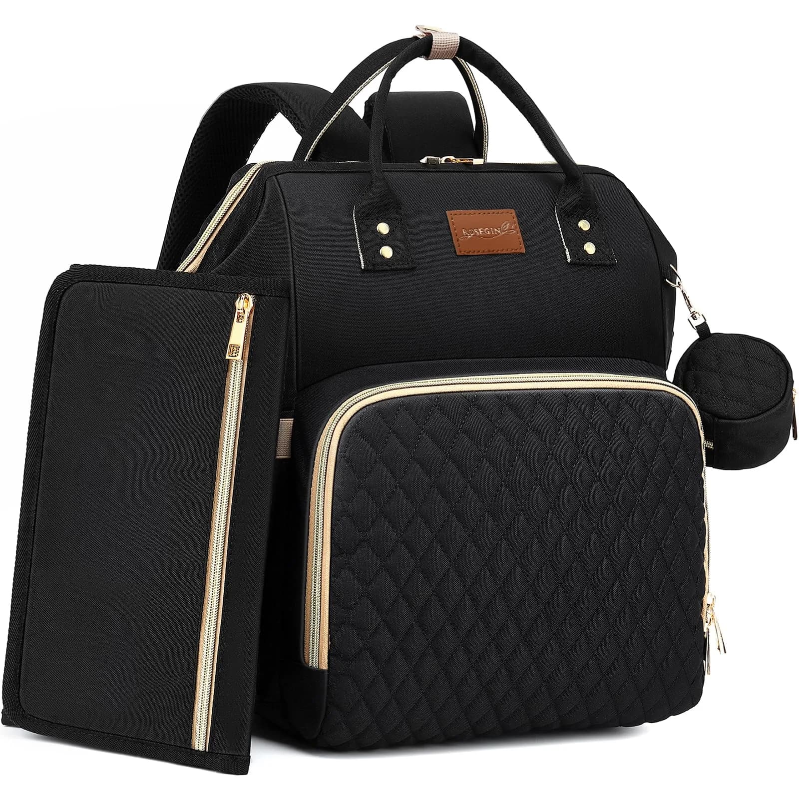 ROSEGIN Diaper Bag Backpack with Changing Pad & Pacifier Case, Large 35L Waterproof Travel Quilted Baby Bag for Mom & Dad - Black - main product image