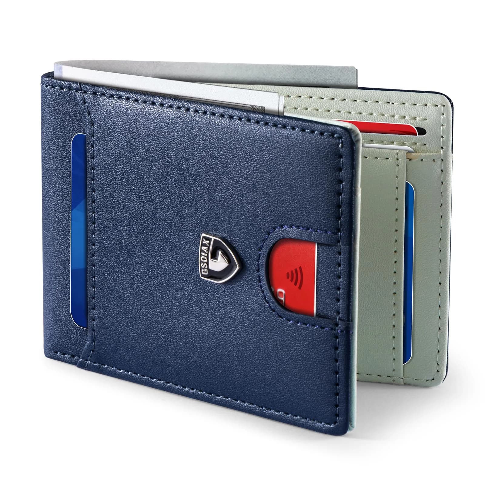 GSOIAX Slim Wallet for Men RFID Blocking Bifold Carbon Fiber Front Pocket Wallet with 11 Card Slots | Minimalist Mens Wallet — Dark Blue and Beige