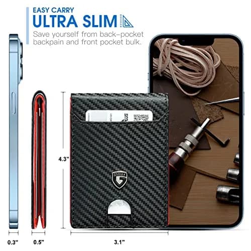 GSOIAX Slim Wallet for Men RFID Blocking Bifold Wallet Carbon Fiber Front Pocket Wallet with 11 Card Holder Minimalist Mens Wallet with Gift Box (Carbon Black and Red) thumbnail 3