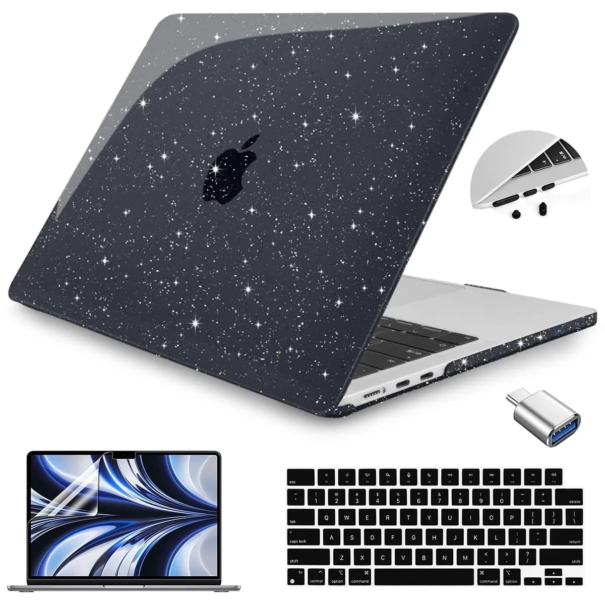 Teryeefi Glitter Hard Case for MacBook Air 13.6 inch M2/M3/M4/M5 Chip (2022-2026) with Keyboard Cover & Screen Protector | Sparkly Rose Pink — Sparkly Black