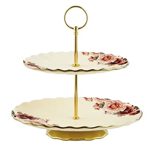 fanquare 2 Tier Vintage Floral White Porcelain Cupcake Stand | Elegant Serveware for Parties & Events thumbnail 1