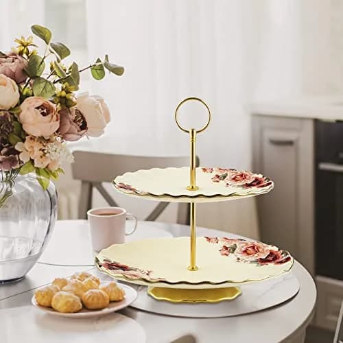 fanquare 2 Tier Vintage Floral White Porcelain Cupcake Stand | Elegant Serveware for Parties & Events thumbnail 4