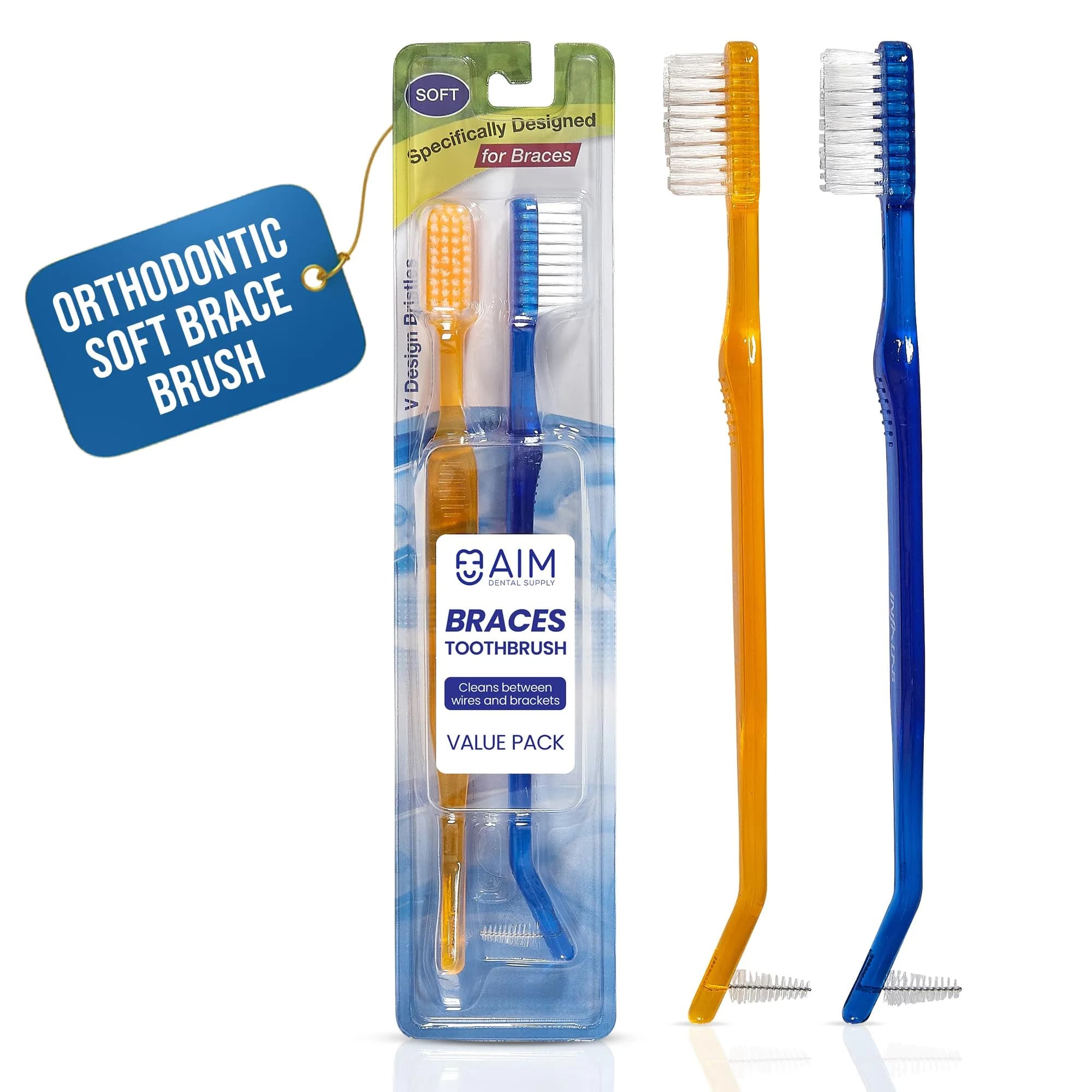 AIM DENTAL SUPPLY Toothbrush for Braces, Soft Head V-Trimmed Design 2-Pack | Orthodontic Cleaning with Soft Bristles — Tan