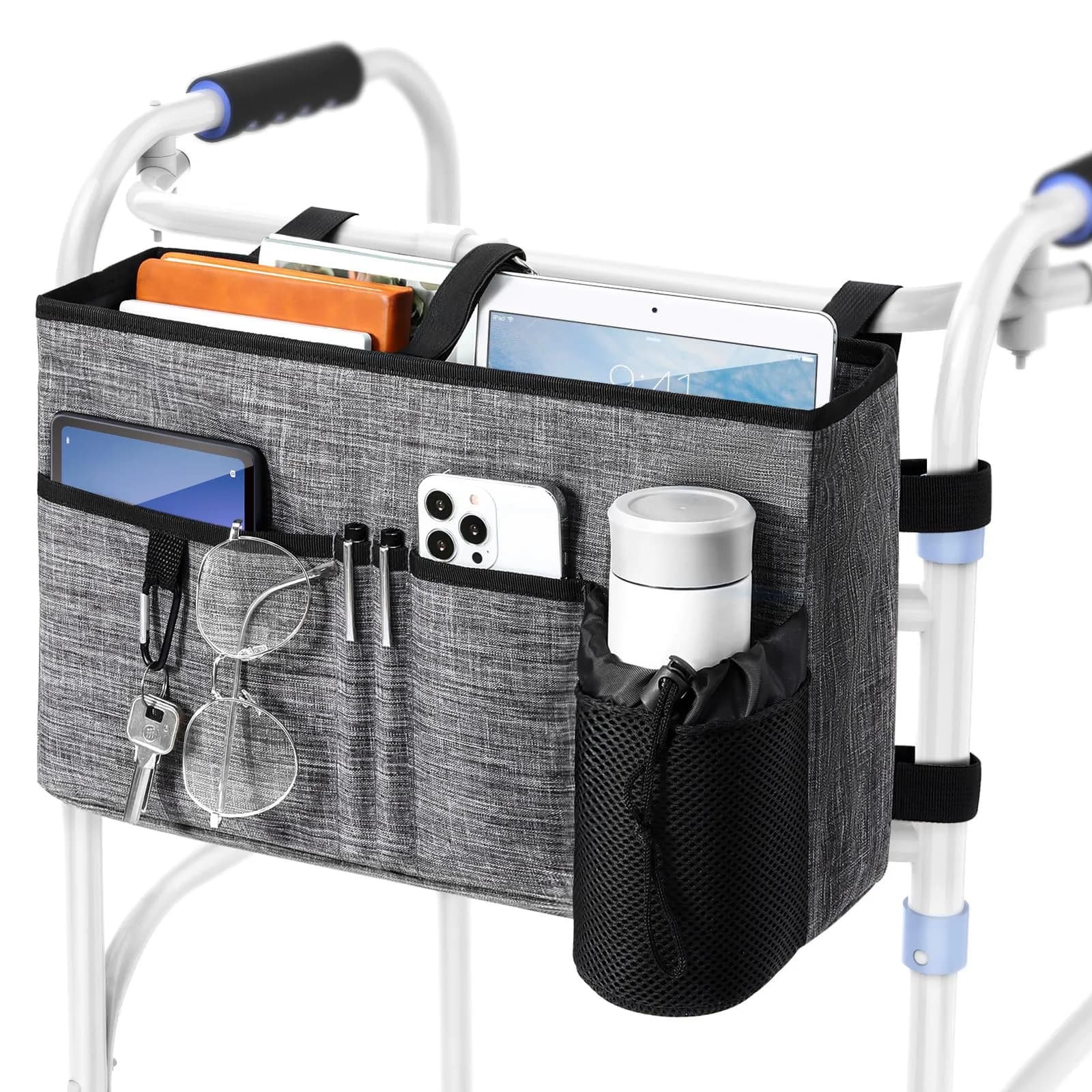 Rhino Valley Walker Basket with Cup Holder | Foldable Walker Bag for Seniors, Durable Polyester, Fits Most Walkers - main product image