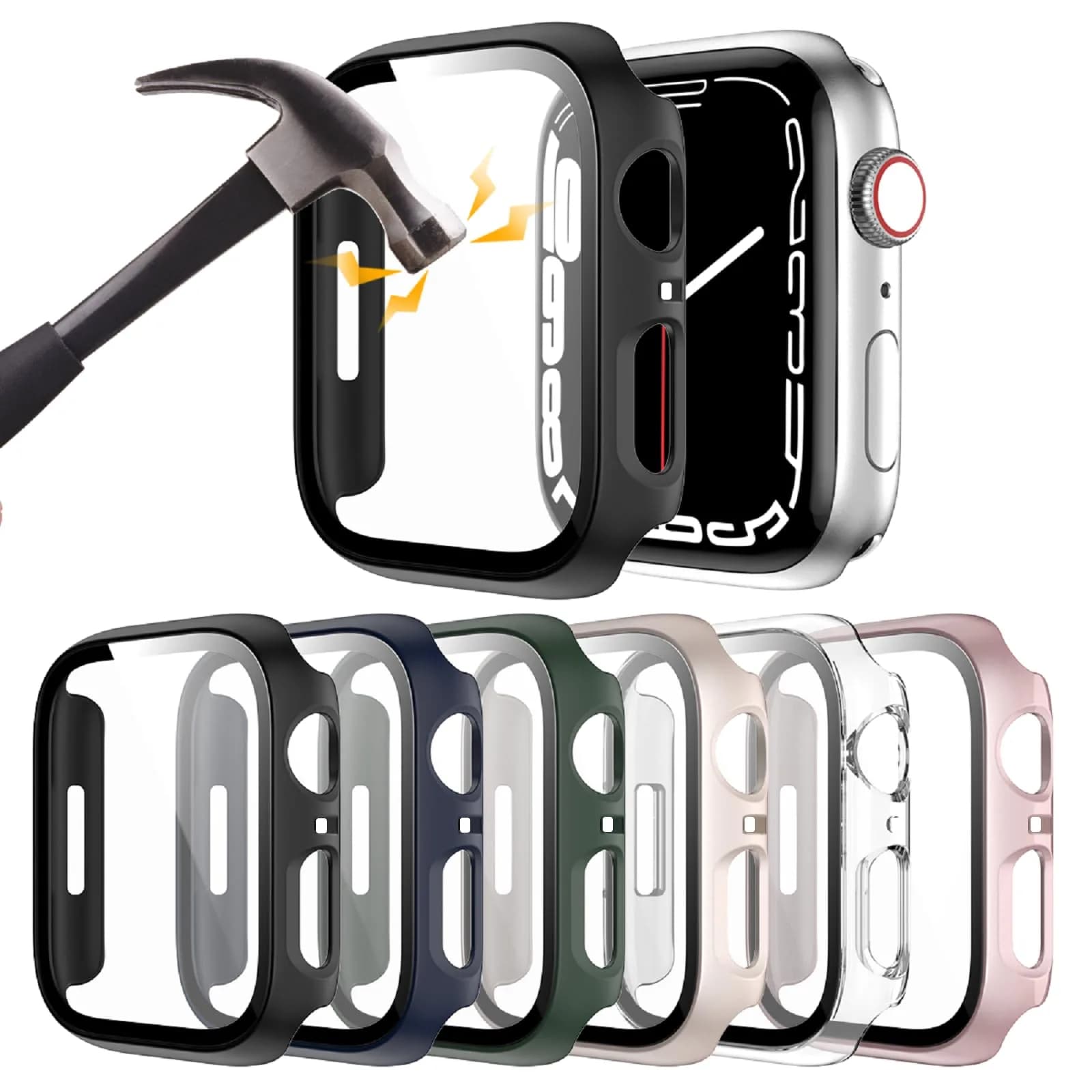 Rontion 6 Pack Hard PC Case with Tempered Glass Screen Protector Compatible with Apple Watch Series 9 8 7 41mm | Full Protective Bumper Cover — Black+Blue+Green+Starlight+Clear+Rose Gold