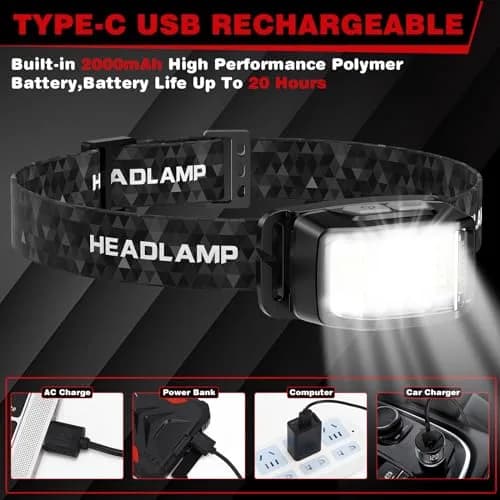 KIDECCE Headlamp Rechargeable 2000 Lumens | 16 Modes, IPX6 Waterproof, Lightweight, 2 Pack thumbnail 5
