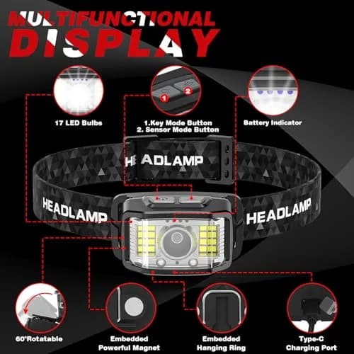 KIDECCE Headlamp Rechargeable 2000 Lumens | 16 Modes, IPX6 Waterproof, Lightweight, 2 Pack thumbnail 2