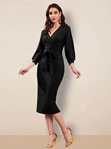 rosery paris Women V Neck Full Sleeve Formal Knee-Length Dress | Black Floral Western Style thumbnail 5