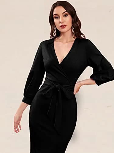 rosery paris Women V Neck Full Sleeve Formal Knee-Length Dress | Black Floral Western Style thumbnail 6