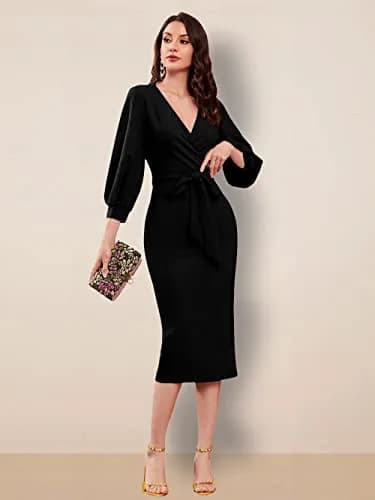 rosery paris Women V Neck Full Sleeve Formal Knee-Length Dress | Black Floral Western Style thumbnail 2