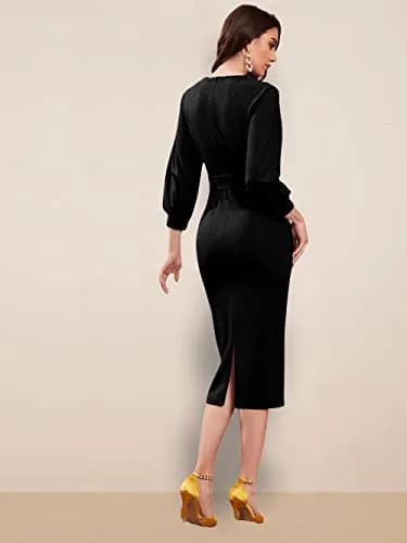 rosery paris Women V Neck Full Sleeve Formal Knee-Length Dress | Black Floral Western Style thumbnail 3