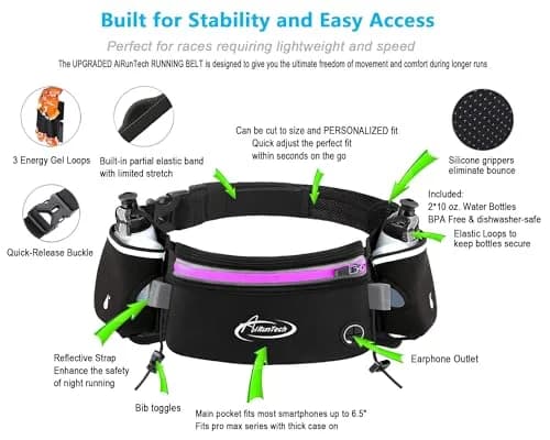 AiRunTech Hydration Running Belt with Bottles Zero Bounce Design for Running, Triathlon, Marathon, 10K, 5K, Trail Fit for Most Smartphones(2 * 300ml / 10OZ Bottle) thumbnail 3