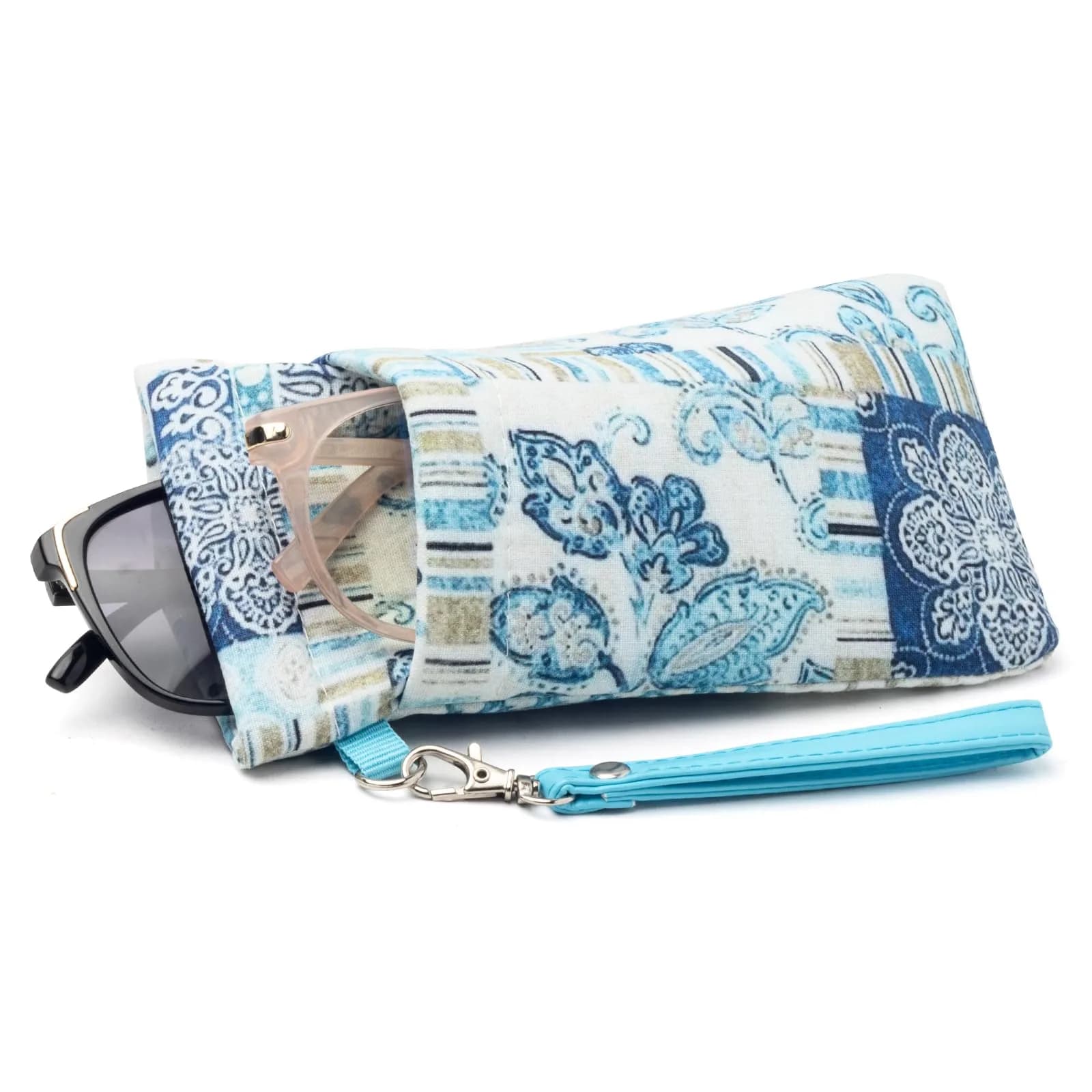 Face Shadow Blue Plant Double Glasses Case with Wrist Strap | Soft Eyeglass Case for Women & Men