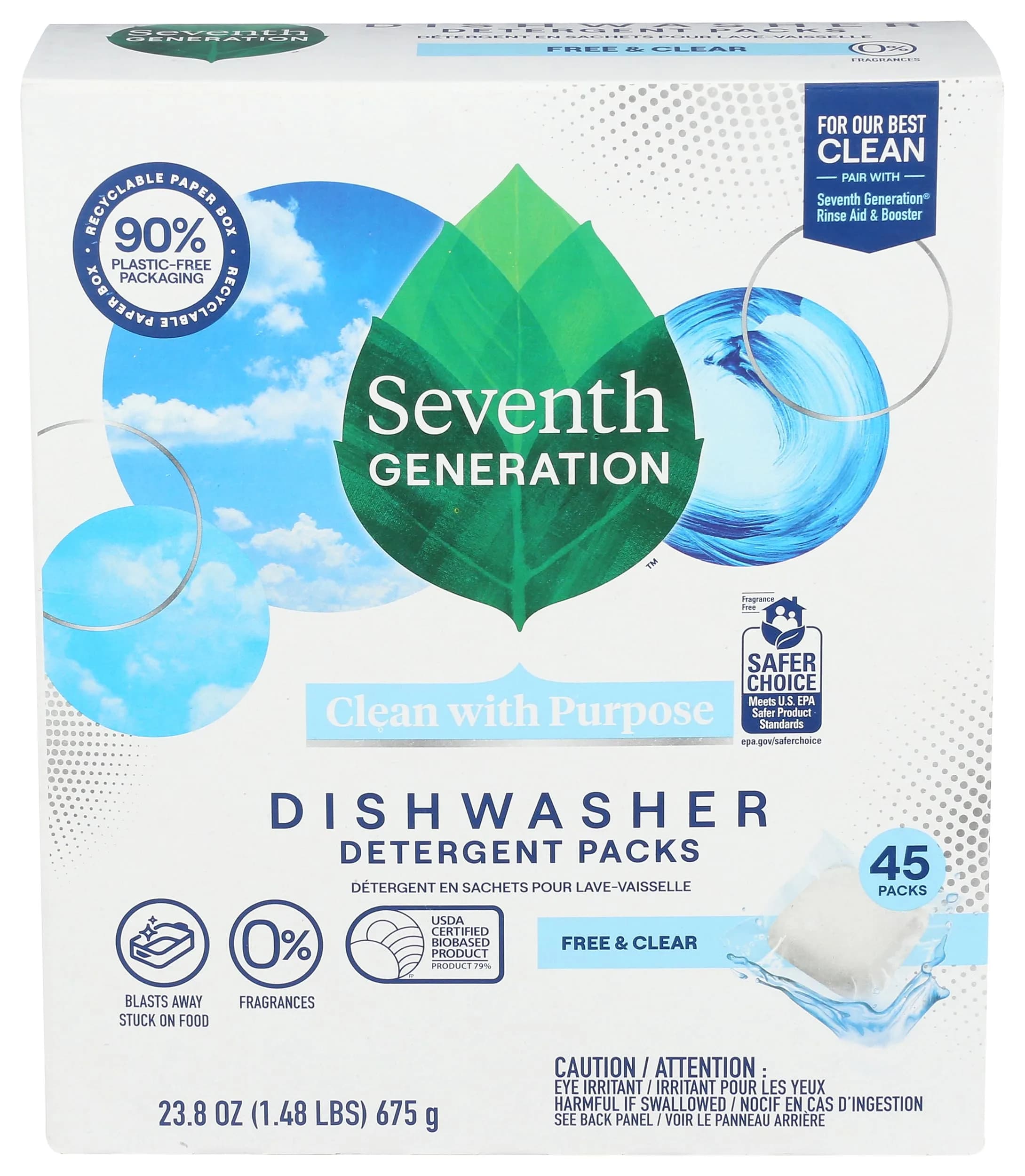 Seventh Generation Free & Clear Dishwasher Detergent Packs 45 Count | USDA Certified Biobased Product - main product image