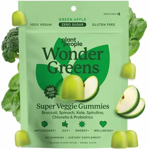Plant People WonderGreens Veggie Gummies, Super Greens & Probiotics, 60ct | Vegan, Gluten-Free, Green Apple Flavor thumbnail 1