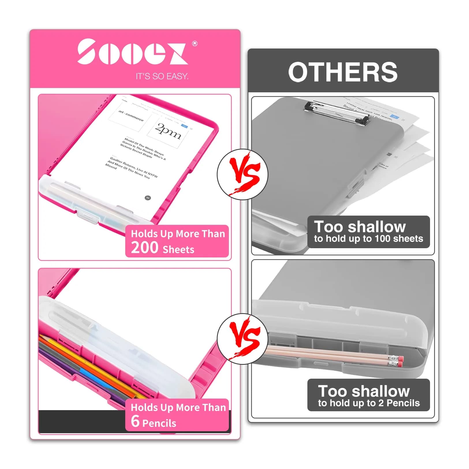 Sooez Storage Clipboard with Pen Holder, Heavy Duty Nursing Clipboard Folder, Plastic Clipboard for Women Teachers Work, School & Office Supplies (Rose Red, 8.5x11)