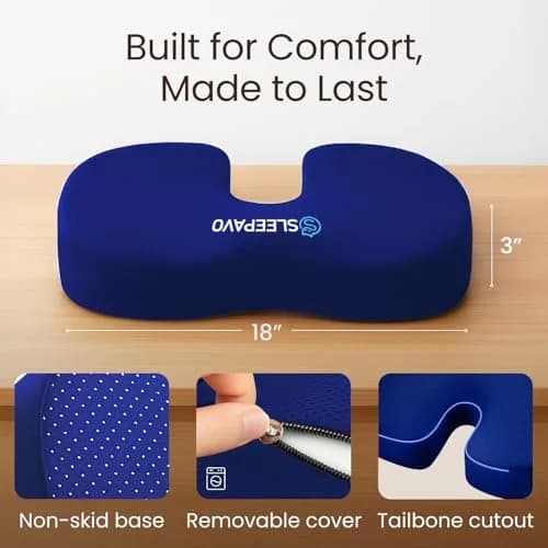 Sleepavo Office Chair Cushion, Seat Cushion for Tailbone Pain Relief Butt | Memory Foam, Navy Blue thumbnail 3